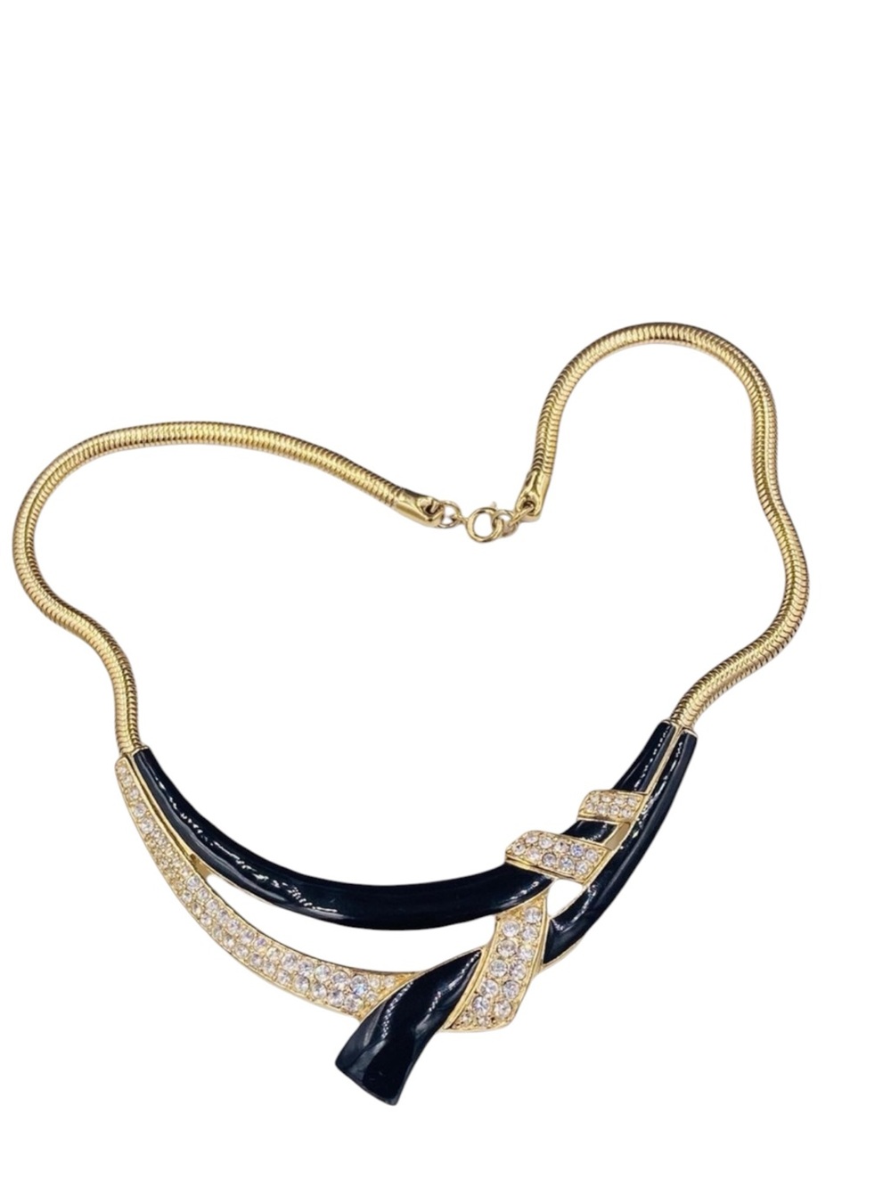 Vintage Trifari Black Enamel Rhinestone Asymmetrical Necklace